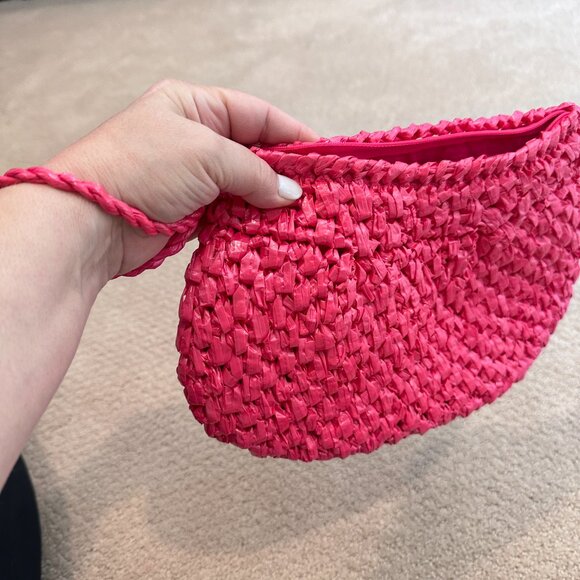 Handmade Pink Plastic Raffia Woven Clutch Wristlet Bag Philippines Retro Tourist - Picture 2 of 8